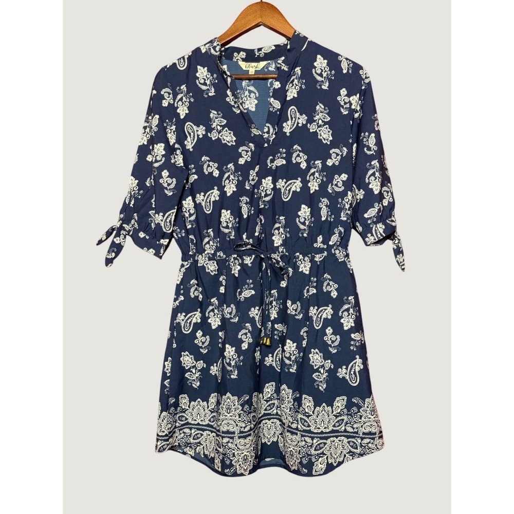 Hint of Blush Paisley Dress Women Medium Navy Blue Excellent Drawstring Waist